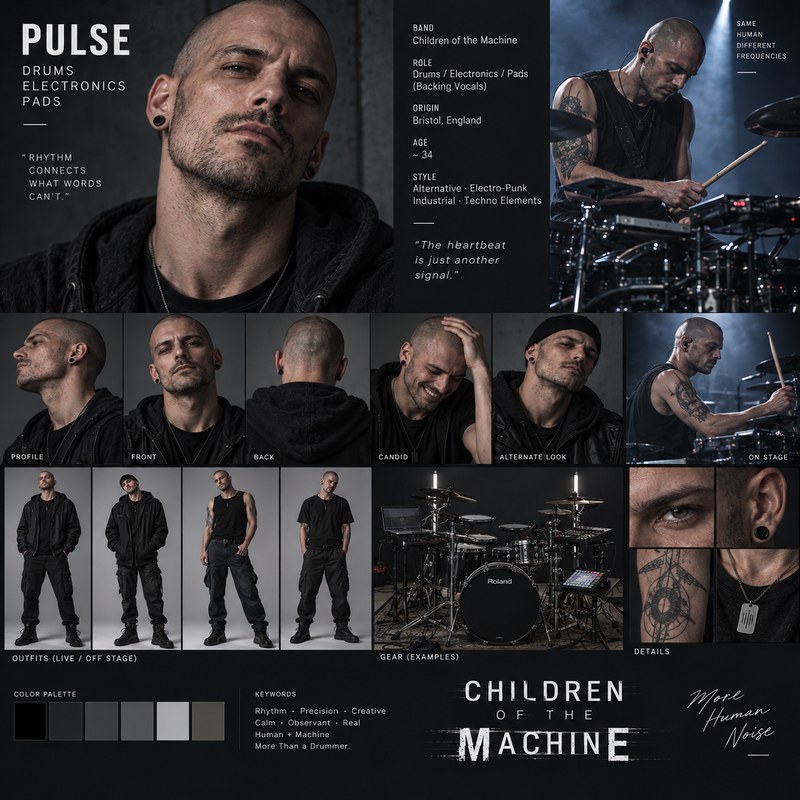 Pulse's full reference sheet: portraits, outfits, gear, and color palette.