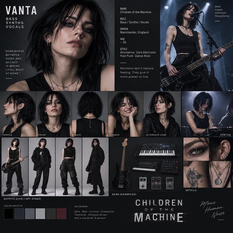 Vanta's full reference sheet: portraits, outfits, gear, and color palette.