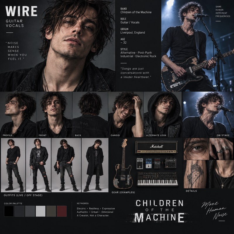 Wire's full reference sheet: portraits, outfits, gear, and color palette.