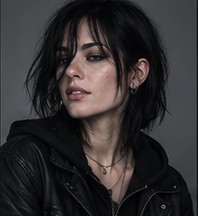 Vanta wearing a leather jacket, looking off to the side.