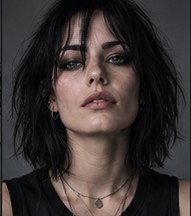 Front portrait of Vanta looking directly at the camera, layered necklaces visible.
