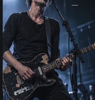 Wire performing on guitar under stage lighting, rings visible on his fingers.