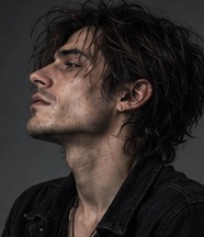 Profile portrait of Wire, looking down and to the side, hair falling over his face.